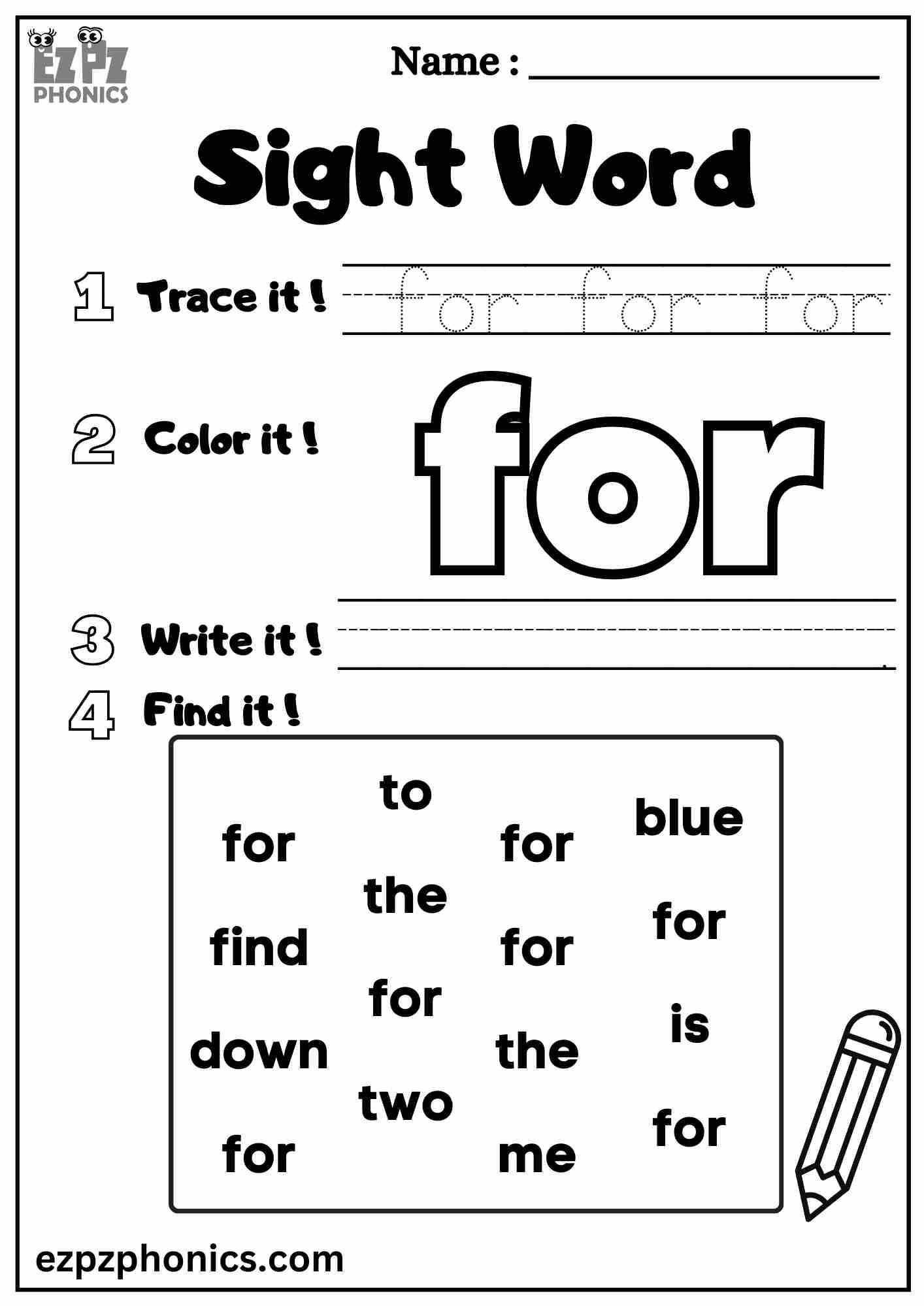 The "For" Sight Word Worksheet for Pre-Kindergarten Students – Dolch Sight Words Free PDF Download